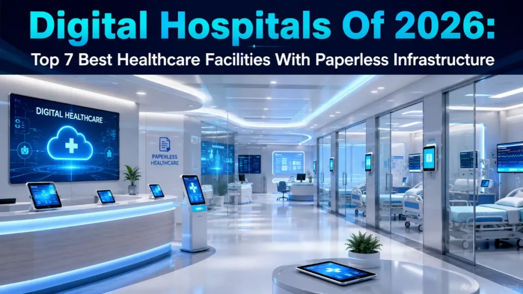 Digital Hospitals Of 2026 — AI-powered command center showing paperless EHR systems and smart hospital technology