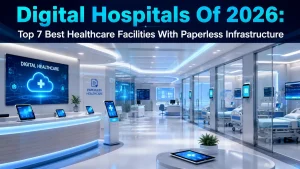Digital Hospitals Of 2026 — AI-powered command center showing paperless EHR systems and smart hospital technology